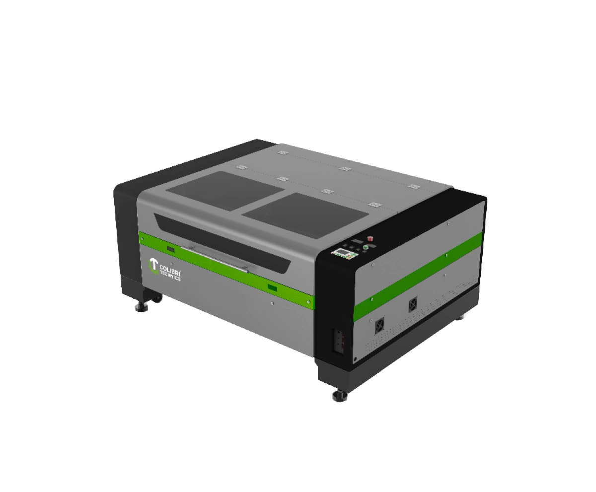 Enclosed laser machine viewed from the front and right side