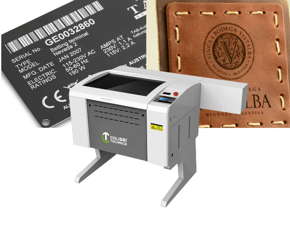 Laser equipment promotional composite with example decorative or marked sample imagery