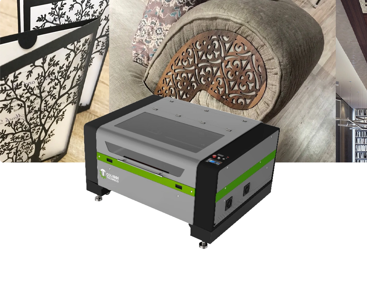 Laser equipment promotional composite with example decorative or marked sample imagery