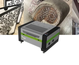 Laser equipment promotional composite with example decorative or marked sample imagery