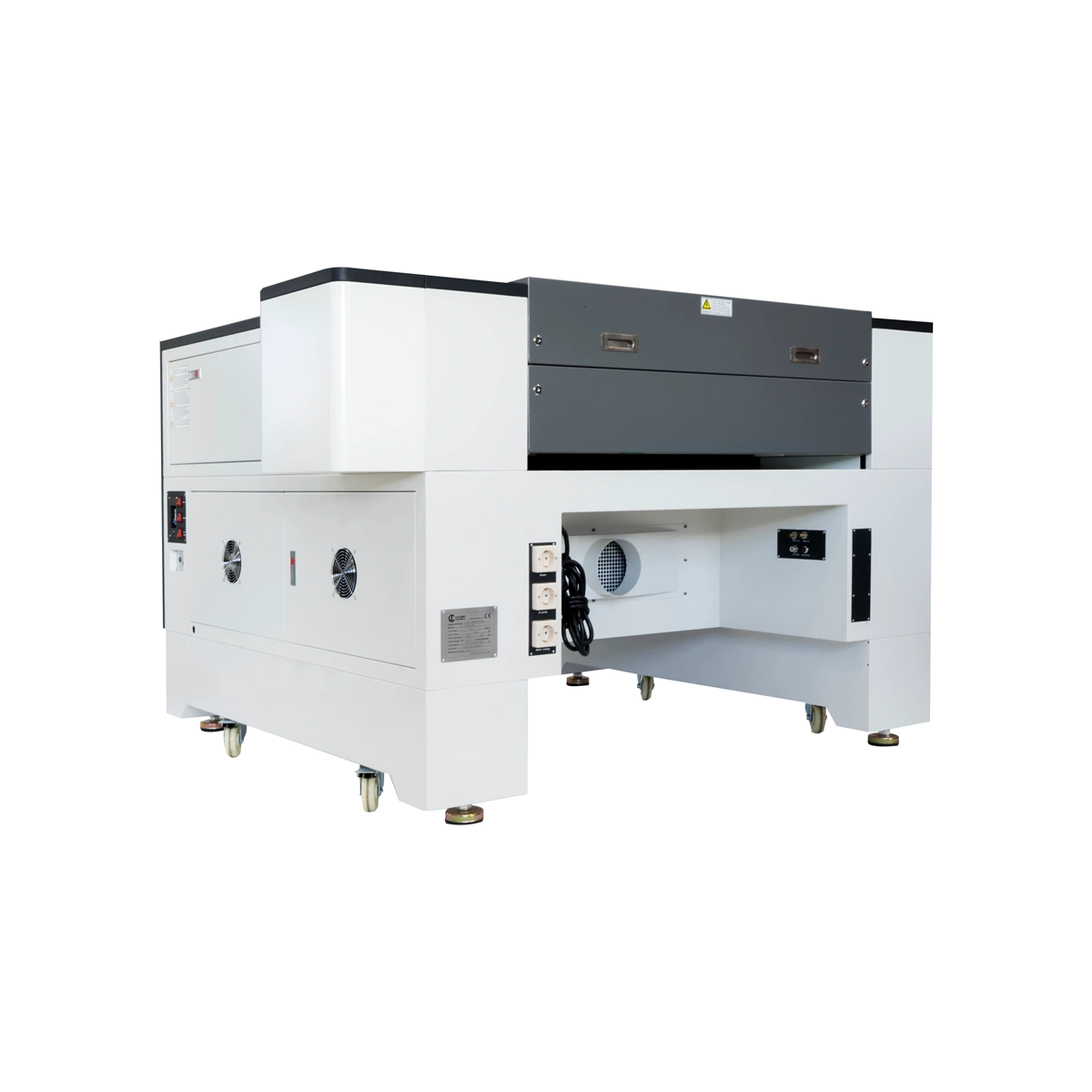 Rear of the laser machine showing cabinet panels and an extraction connection