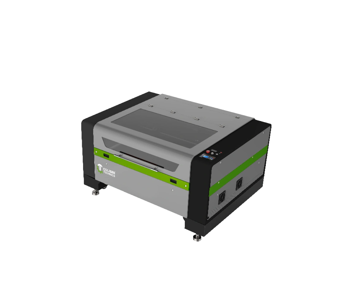 Enclosed laser machine viewed from the front and right side