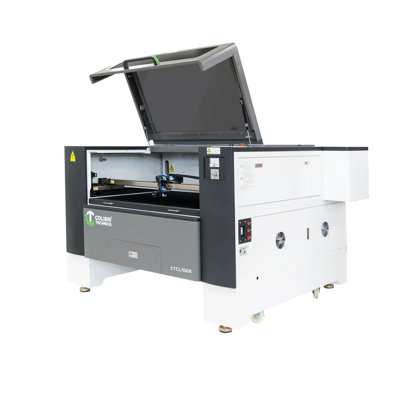 Laser machine with the upper cover open, viewed from the front and right side