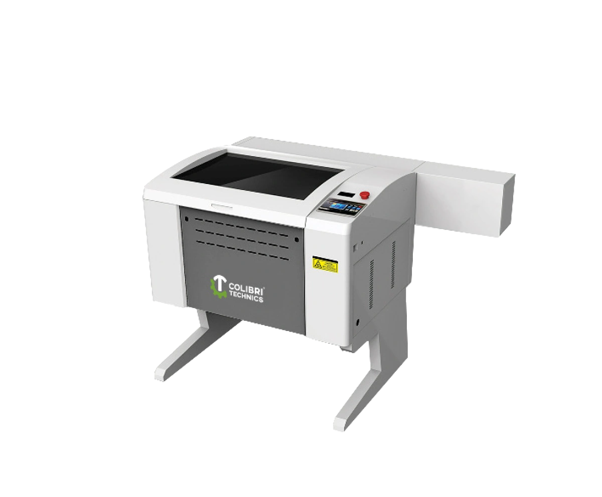 Enclosed laser machine viewed from the front and right side
