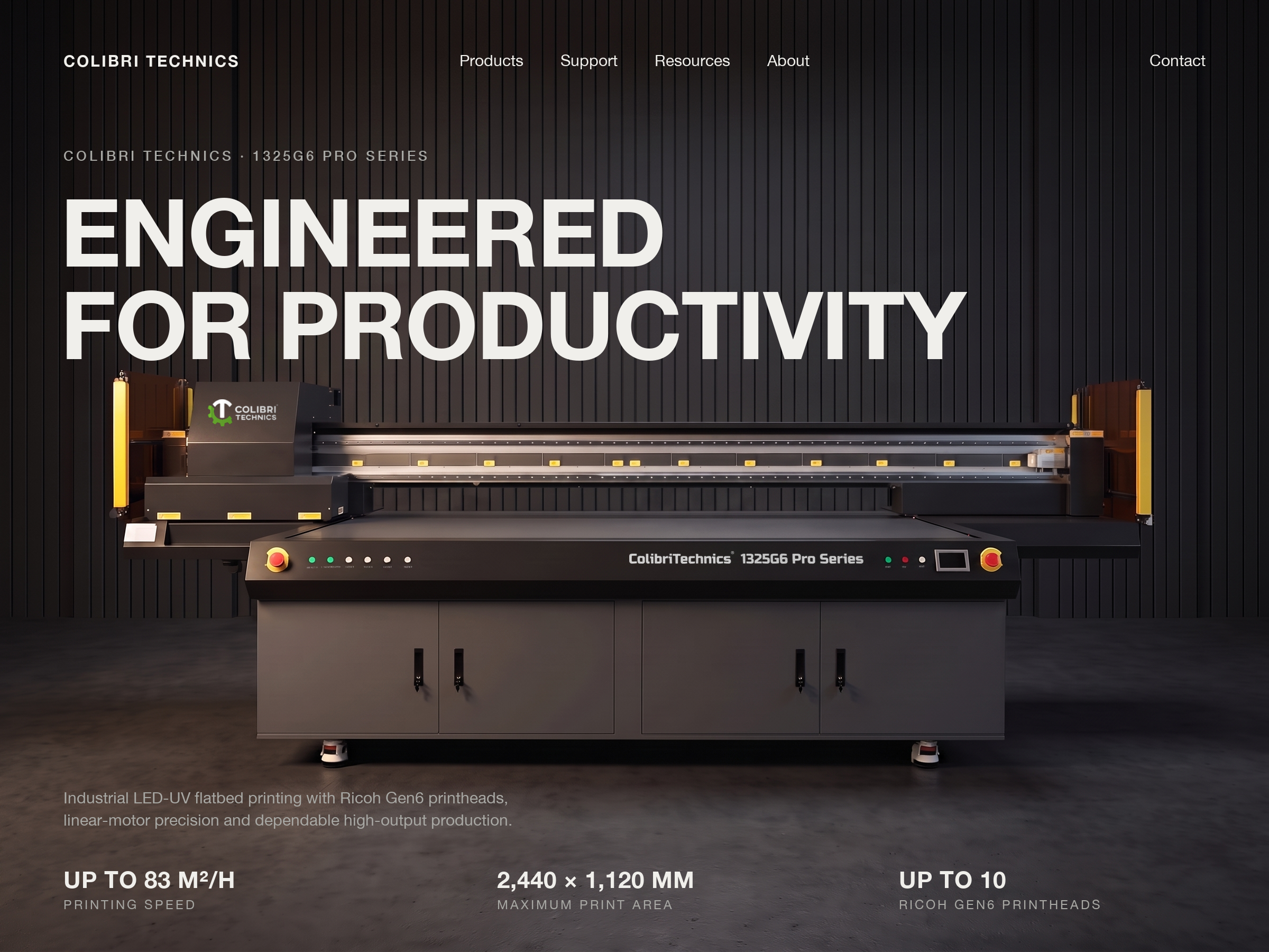 Colibri 1325G6 Pro Series flatbed printer in a dark industrial studio, with the printhead carriage on the left