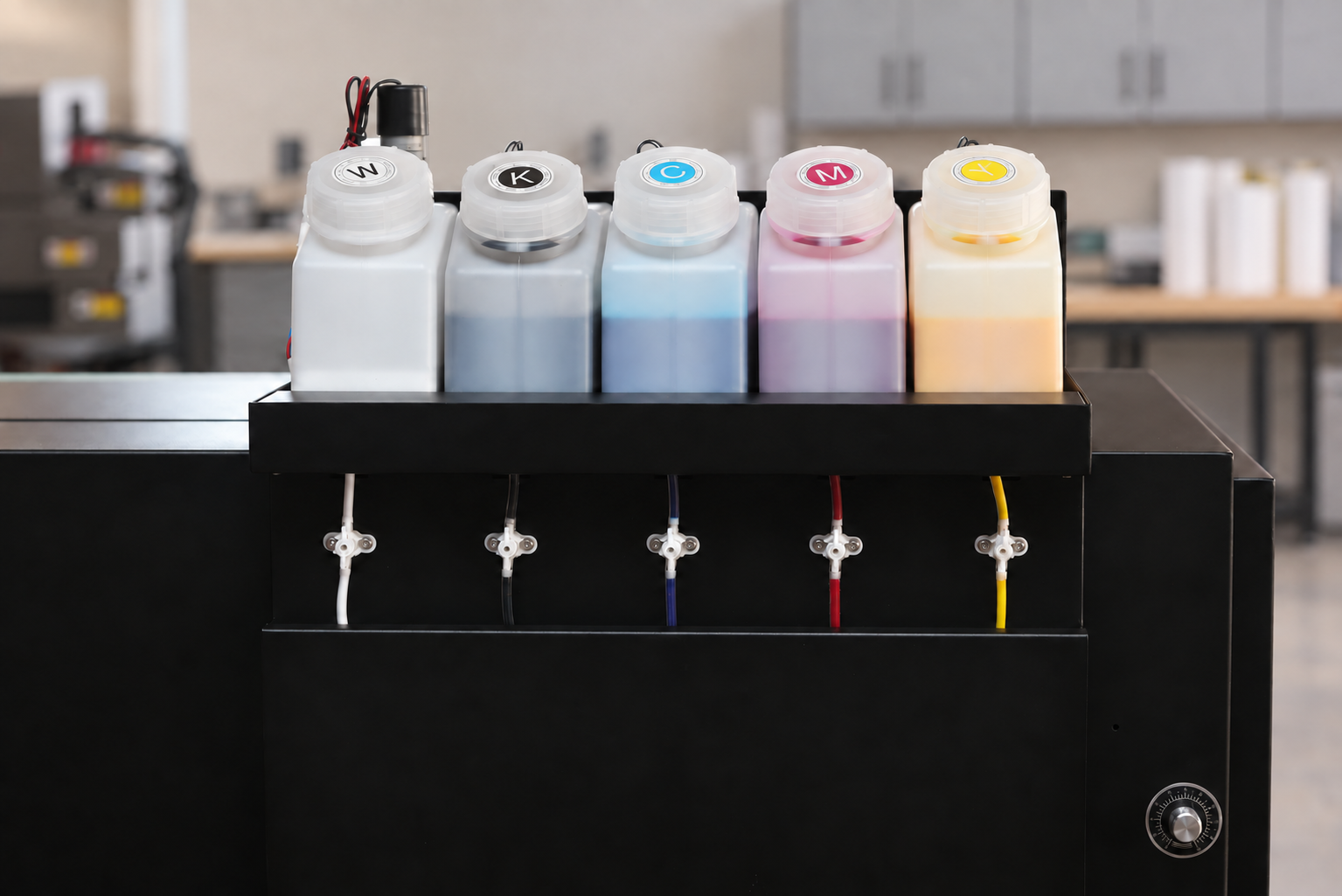 Colibri DTF ULTIMA R620 — ink supply detail in a clean production workshop